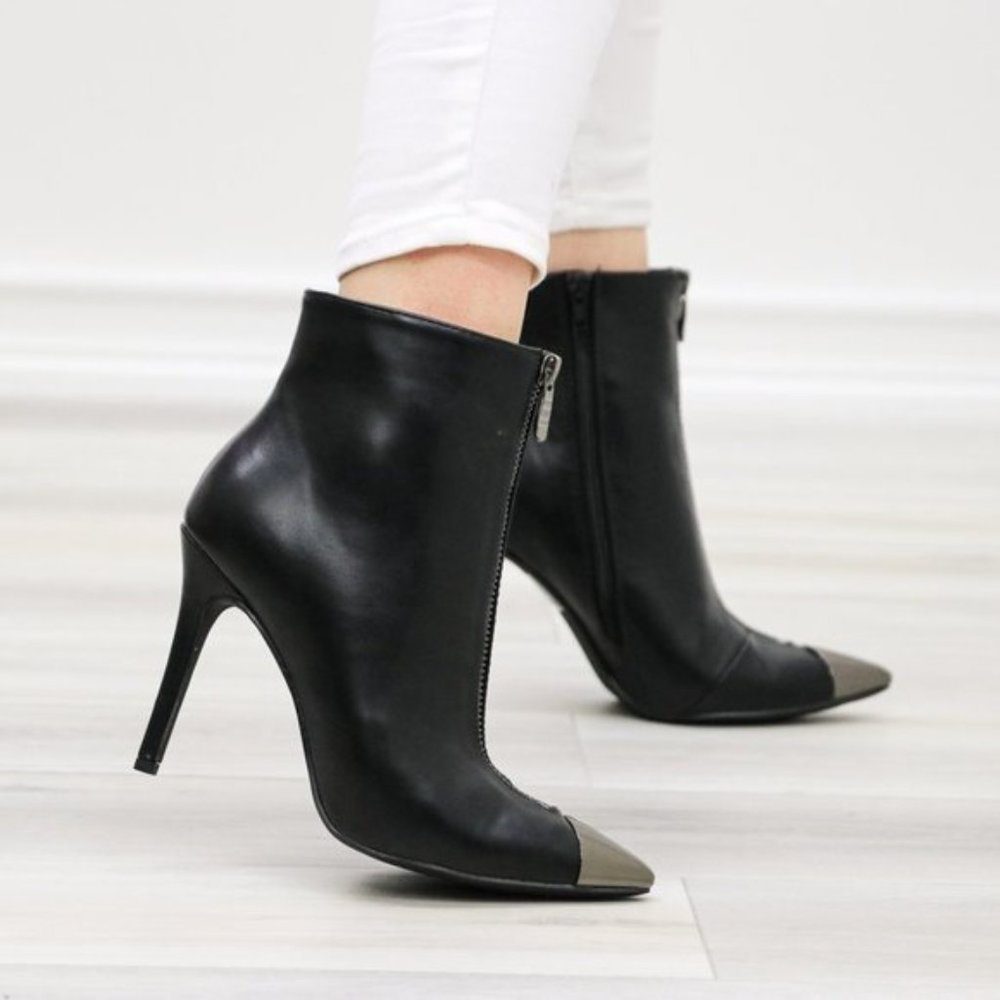 Pointy Toe Ankle Black Boots Faux Leather - Picture 12 of 14